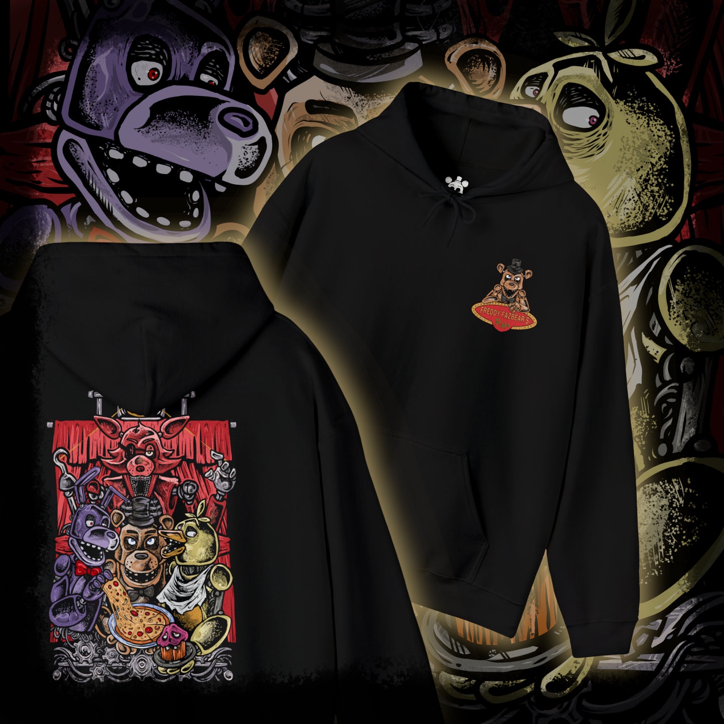 Thumbnail of a Hooded Sweatshirt of Freddy Fazbear, Bonnie, Chica, and Foxy emerging from the shadows of Freddy Fazbear's Pizzeria, their glowing eyes piercing the darkness as abandoned party tables and colorful balloons contrast with the eerie setting. Static flickers across security monitors while the stage stands silent behind them. The composition emphasizes animatronic horror, suspense, and the unforgettable cast that defines Five Nights at Freddy's.
