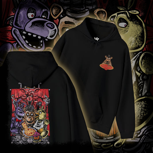 Thumbnail of a Hooded Sweatshirt of Freddy Fazbear, Bonnie, Chica, and Foxy emerging from the shadows of Freddy Fazbear's Pizzeria, their glowing eyes piercing the darkness as abandoned party tables and colorful balloons contrast with the eerie setting. Static flickers across security monitors while the stage stands silent behind them. The composition emphasizes animatronic horror, suspense, and the unforgettable cast that defines Five Nights at Freddy's.