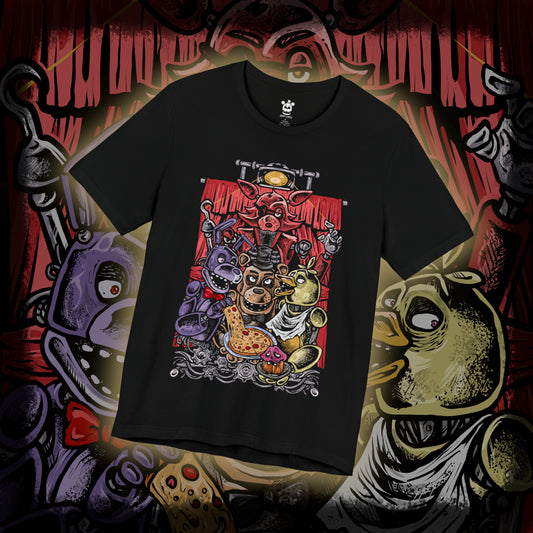 Thumbnail of a T-Shirt design of Freddy Fazbear, Bonnie, Chica, and Foxy from Five Nights at Freddy's, standing inside the darkened Freddy Fazbear's Pizza after closing time. Flickering stage lights cast eerie shadows across the animatronics while party decorations hang abandoned in the background. The design captures the unsettling atmosphere of the haunted pizzeria and the terrifying presence of its iconic robotic performers.