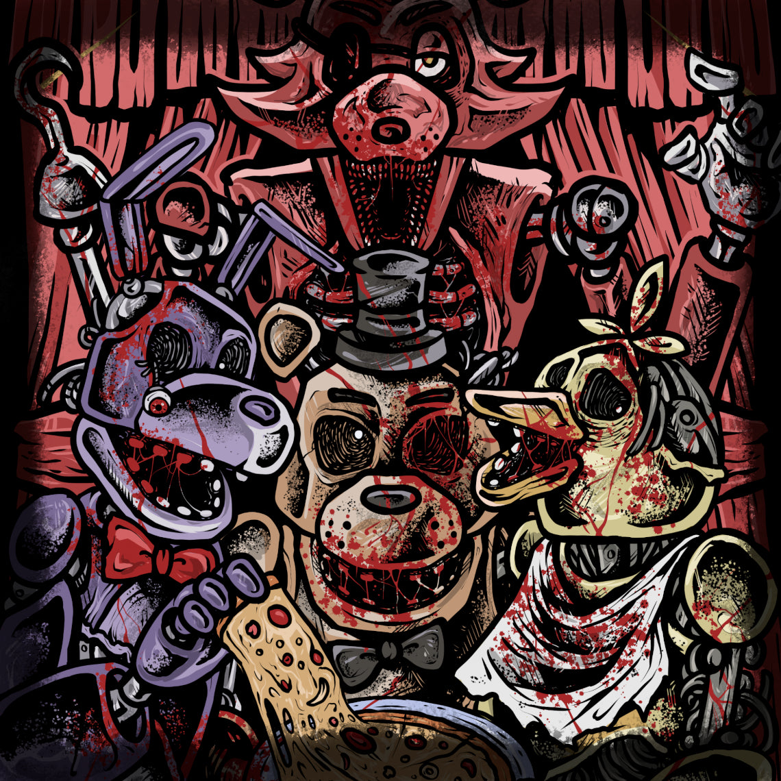 Artwork of FNAF Withered Freddy Fazbear Pizzeria. Freddy, Bonnie, Chica and Withered Foxy are the damaged remnants of Freddy Fazbear's Pizza's original animatronic mascots, abandoned and left to deteriorate over time. Once beloved entertainers, they now wander the shadows with torn suits, exposed endoskeletons, and haunting expressions.