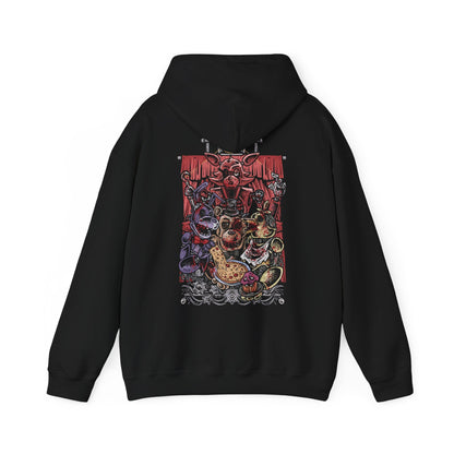 Image 5 of a Hooded Sweatshirt featuring Withered Freddy, Withered Bonnie, Withered Chica, and Withered Foxy emerging from the shadows of the abandoned Freddy Fazbear's Pizza. Their glowing eyes pierce the darkness while torn suits, exposed endoskeletons, and damaged features reveal the effects of years of neglect. Abandoned party tables and faded balloons contrast with the eerie setting, as static flickers across security monitors and the silent stage looms in the background.