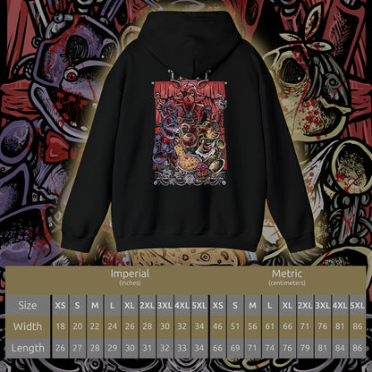 Size chart of a Hooded Sweatshirt featuring Withered Freddy, Withered Bonnie, Withered Chica, and Withered Foxy emerging from the shadows of the abandoned Freddy Fazbear's Pizza. Their glowing eyes pierce the darkness while torn suits, exposed endoskeletons, and damaged features reveal the effects of years of neglect. Abandoned party tables and faded balloons contrast with the eerie setting, as static flickers across security monitors and the silent stage looms in the background.