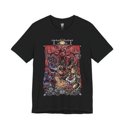Image 4 of a T-Shirt design of Withered Freddy, Withered Bonnie, Withered Chica, and Withered Foxy from Five Nights at Freddy's, standing inside the darkened Freddy Fazbear's Pizza after closing time. Flickering lights illuminate their torn suits and exposed endoskeletons, casting eerie shadows across the abandoned restaurant. Dust-covered party decorations and a neglected stage fade into the background, emphasizing the pizzeria's decay.