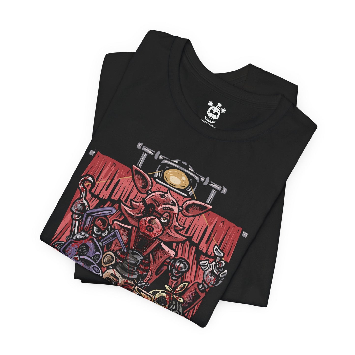 Image 5 of a T-Shirt design of Withered Freddy, Withered Bonnie, Withered Chica, and Withered Foxy from Five Nights at Freddy's, standing inside the darkened Freddy Fazbear's Pizza after closing time. Flickering lights illuminate their torn suits and exposed endoskeletons, casting eerie shadows across the abandoned restaurant. Dust-covered party decorations and a neglected stage fade into the background, emphasizing the pizzeria's decay.