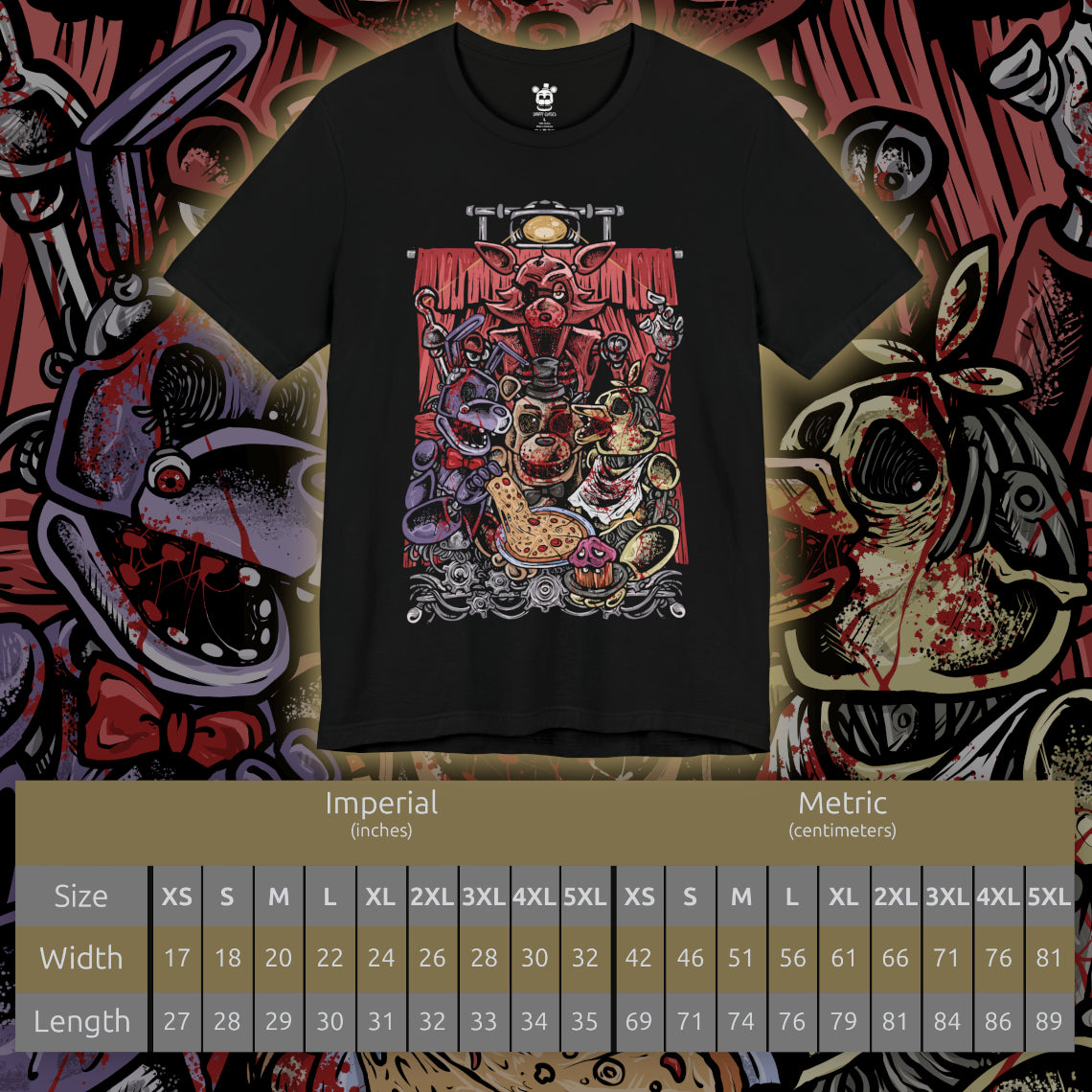 Size chart of a T-Shirt design of Withered Freddy, Withered Bonnie, Withered Chica, and Withered Foxy from Five Nights at Freddy's, standing inside the darkened Freddy Fazbear's Pizza after closing time. Flickering lights illuminate their torn suits and exposed endoskeletons, casting eerie shadows across the abandoned restaurant. Dust-covered party decorations and a neglected stage fade into the background, emphasizing the pizzeria's decay.