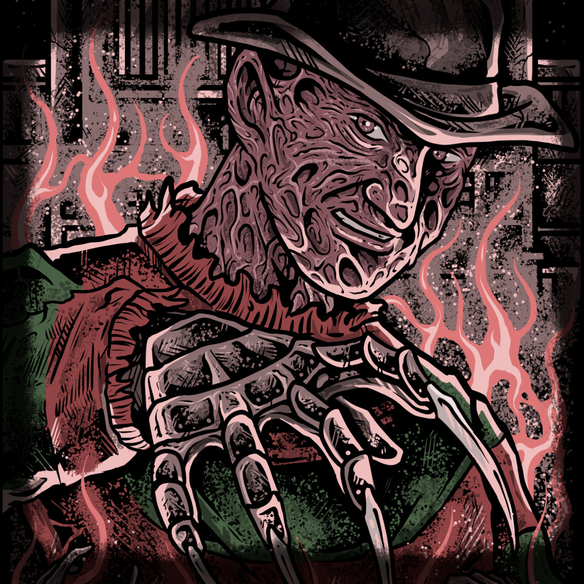 Artwork of Freedy Krueger the Nightmare Stalker. Freddy Krueger is the terrifying dream killer from the A Nightmare on Elm Street, haunting victims in their sleep where escape is impossible. With his burned face, striped sweater, and razor-glove, Freddy twists nightmares into deadly traps, turning fear itself into a weapon and becoming one of horror cinema’s most iconic slashers.