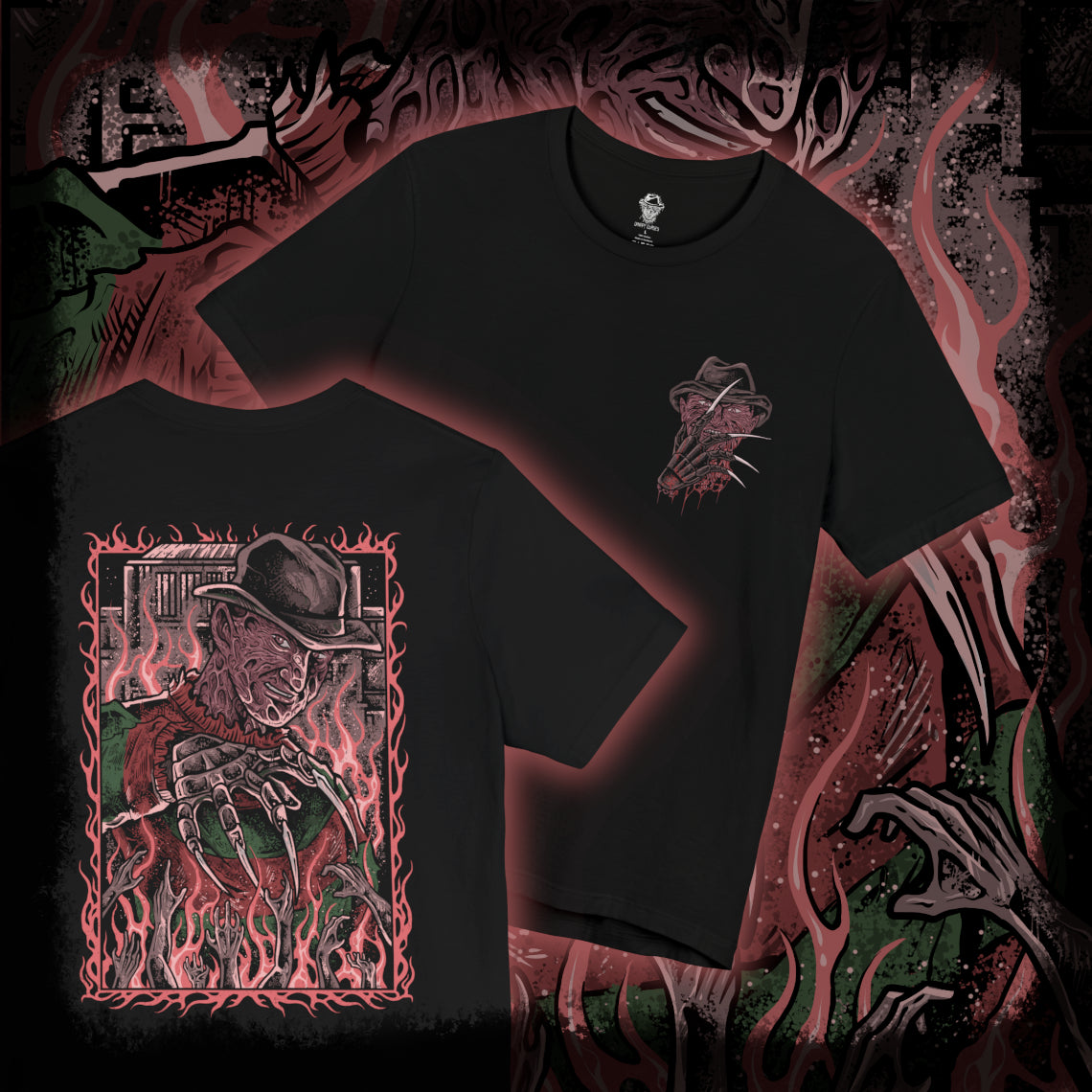 Thumbnail of a T-Shirt artwork depicting Freddy Krueger standing inside a distorted dreamscape where boiler room pipes, smoke, and flickering flames surround his scarred figure. Razor-sharp claws glint under dim light as reality bends unnaturally around him. This design reflects Freddy’s power within dreams, embodying fear, manipulation, and the terror of never being safe even while asleep.