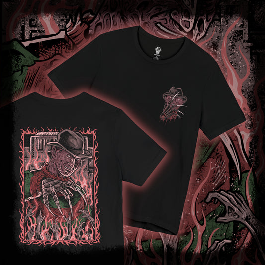 Thumbnail of a T-Shirt artwork depicting Freddy Krueger standing inside a distorted dreamscape where boiler room pipes, smoke, and flickering flames surround his scarred figure. Razor-sharp claws glint under dim light as reality bends unnaturally around him. This design reflects Freddy’s power within dreams, embodying fear, manipulation, and the terror of never being safe even while asleep.