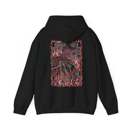 Image 5 of a Hooded Sweatshirt of Freddy Krueger stalking through a dark hallway with his iconic clawed glove scraping sparks across metal walls. Shadows stretch behind him while smoke and fire consume the background in nightmare-like fashion. The composition emphasizes dread, surreal horror, and the legendary slasher who turns sleep itself into a deadly trap.