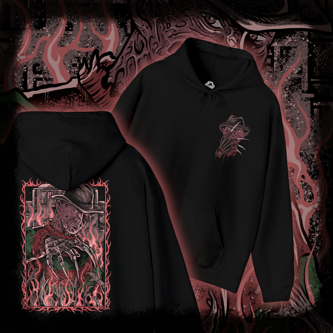 Thumbnail of a Hooded Sweatshirt of Freddy Krueger stalking through a dark hallway with his iconic clawed glove scraping sparks across metal walls. Shadows stretch behind him while smoke and fire consume the background in nightmare-like fashion. The composition emphasizes dread, surreal horror, and the legendary slasher who turns sleep itself into a deadly trap.