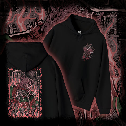 Thumbnail of a Hooded Sweatshirt of Freddy Krueger stalking through a dark hallway with his iconic clawed glove scraping sparks across metal walls. Shadows stretch behind him while smoke and fire consume the background in nightmare-like fashion. The composition emphasizes dread, surreal horror, and the legendary slasher who turns sleep itself into a deadly trap.
