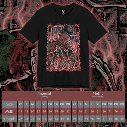 Size chart of a T-Shirt design of Freddy Krueger from A Nightmare on Elm Street, emerging from a nightmare-filled darkness with his bladed glove extended toward the viewer. His burned face twists into a sinister grin beneath a worn fedora while red and green stripes fade into shadow behind him. The design captures dreamlike terror, psychological horror, and the unstoppable fear haunting Elm Street.