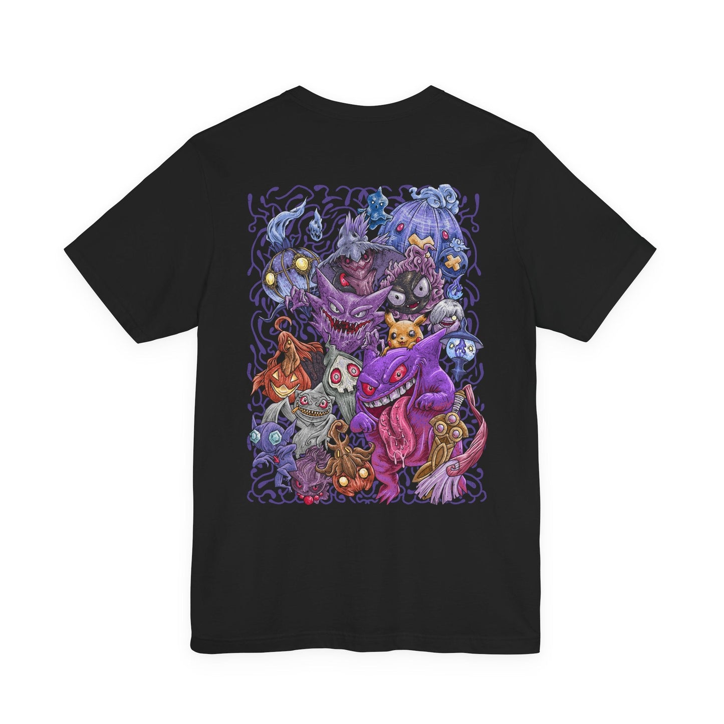 Image 5 of a T-Shirt artwork depicting iconic Ghost-type Pokémon gathered within an ancient haunted forest, surrounded by floating wisps, twisted trees, and spectral flames. Ethereal fog blankets the ground while ghostly silhouettes emerge from the shadows. The design reflects the eerie beauty, mischievous personalities, and supernatural powers that have made Ghost-type Pokémon some of the most beloved creatures in the franchise.