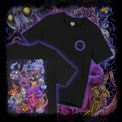 Thumbnail of a T-Shirt artwork depicting iconic Ghost-type Pokémon gathered within an ancient haunted forest, surrounded by floating wisps, twisted trees, and spectral flames. Ethereal fog blankets the ground while ghostly silhouettes emerge from the shadows. The design reflects the eerie beauty, mischievous personalities, and supernatural powers that have made Ghost-type Pokémon some of the most beloved creatures in the franchise.