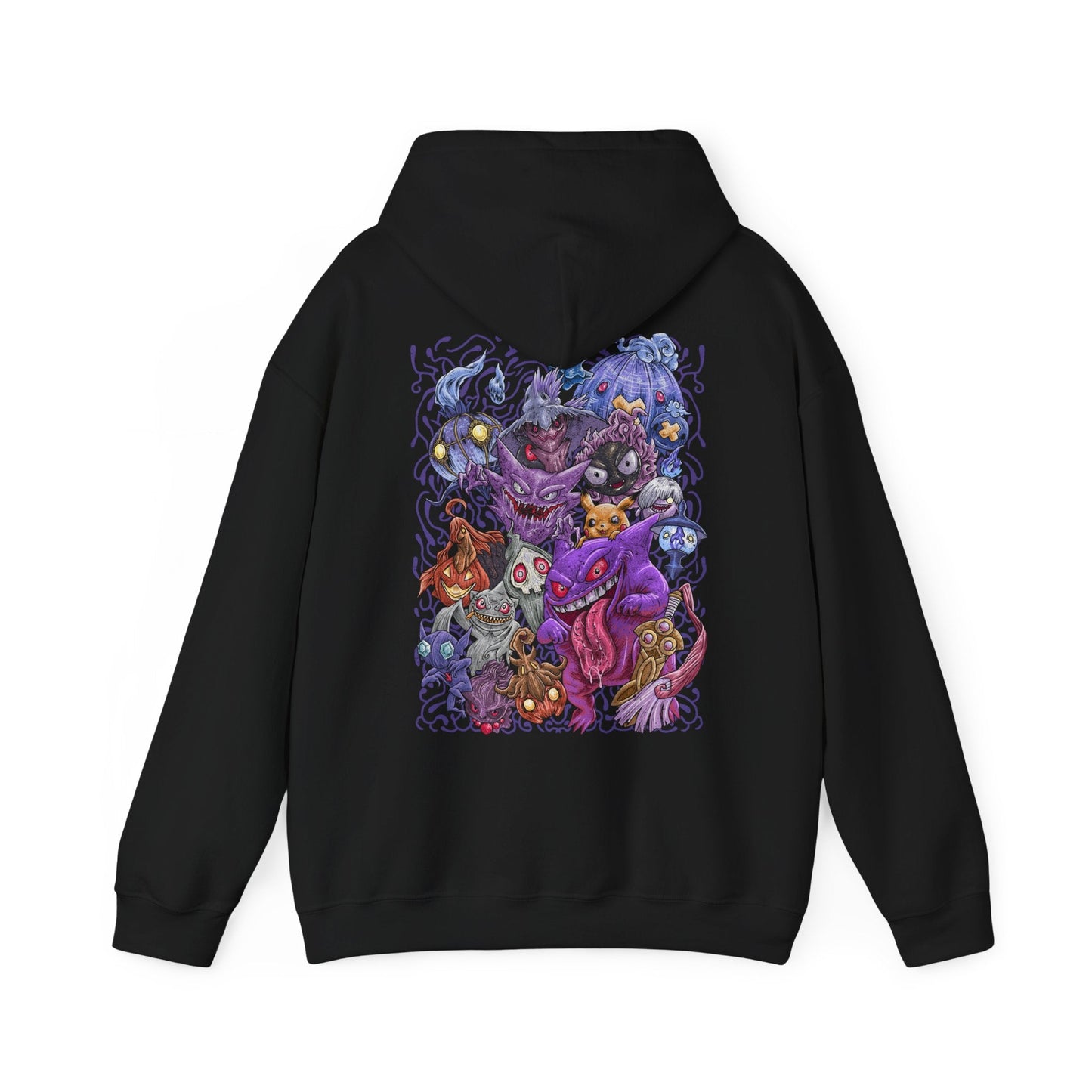 Image 5 of a Hooded Sweatshirt of a dimensional rift filled with Ghost Pokémon and drifting souls. Haunted lanterns, mysterious runes, and spectral flames illuminate the darkness as phantom figures materialize from beyond. The composition emphasizes mystery, otherworldly power, and the chilling yet captivating presence that defines Ghost-type Pokémon throughout the Pokémon universe.