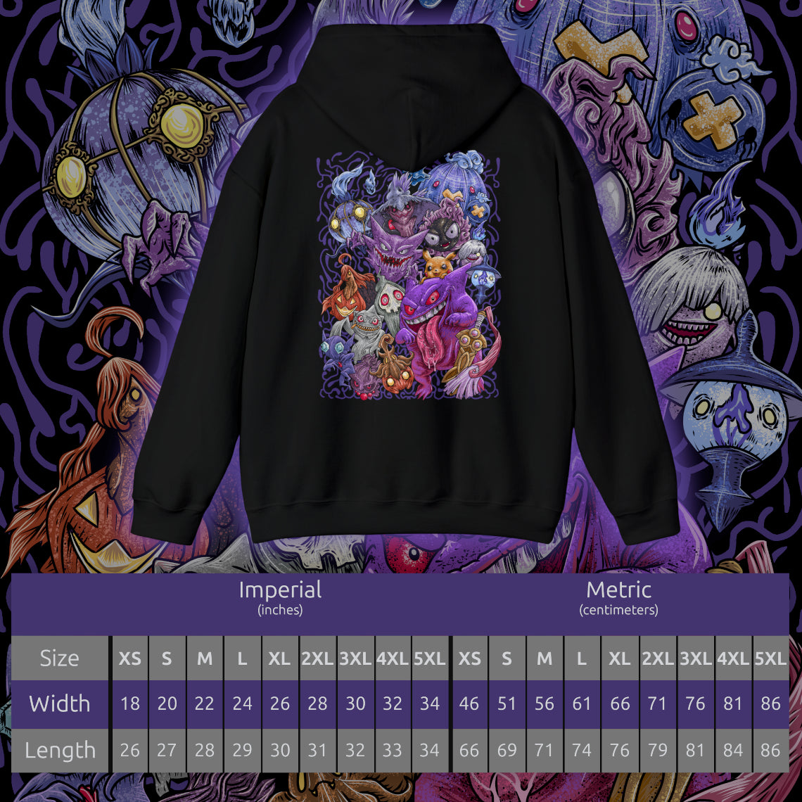 Size chart of a Hooded Sweatshirt of a dimensional rift filled with Ghost Pokémon and drifting souls. Haunted lanterns, mysterious runes, and spectral flames illuminate the darkness as phantom figures materialize from beyond. The composition emphasizes mystery, otherworldly power, and the chilling yet captivating presence that defines Ghost-type Pokémon throughout the Pokémon universe.