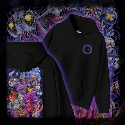 Thumbnail of a Hooded Sweatshirt of a dimensional rift filled with Ghost Pokémon and drifting souls. Haunted lanterns, mysterious runes, and spectral flames illuminate the darkness as phantom figures materialize from beyond. The composition emphasizes mystery, otherworldly power, and the chilling yet captivating presence that defines Ghost-type Pokémon throughout the Pokémon universe.