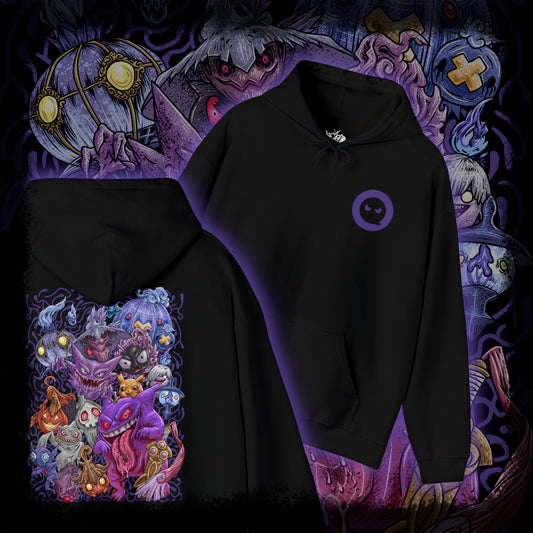 Thumbnail of a Hooded Sweatshirt of a dimensional rift filled with Ghost Pokémon and drifting souls. Haunted lanterns, mysterious runes, and spectral flames illuminate the darkness as phantom figures materialize from beyond. The composition emphasizes mystery, otherworldly power, and the chilling yet captivating presence that defines Ghost-type Pokémon throughout the Pokémon universe.