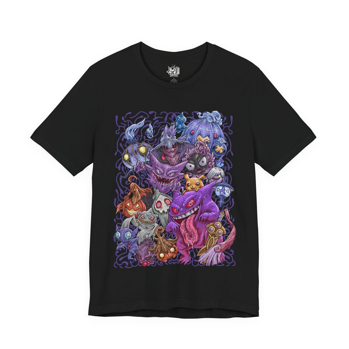 Image 4 of a T-Shirt design featuring a collection of Ghost-type Pokémon emerging from a swirling spectral mist beneath a full moon. Shadowy apparitions drift through a haunted graveyard as glowing eyes pierce the darkness from every direction. Purple ghostly energy surrounds the scene, capturing the mysterious, supernatural nature of Ghost-type Pokémon and their connection to spirits, curses, and the unknown.