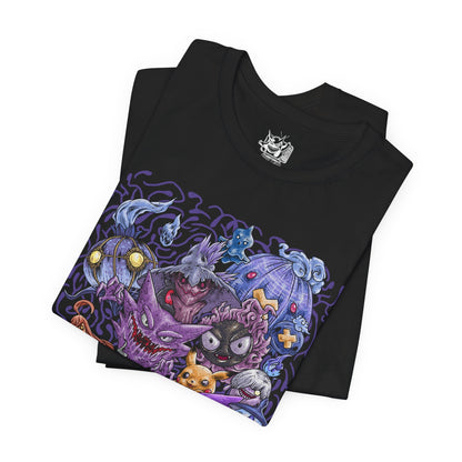 Image 5 of a T-Shirt design featuring a collection of Ghost-type Pokémon emerging from a swirling spectral mist beneath a full moon. Shadowy apparitions drift through a haunted graveyard as glowing eyes pierce the darkness from every direction. Purple ghostly energy surrounds the scene, capturing the mysterious, supernatural nature of Ghost-type Pokémon and their connection to spirits, curses, and the unknown.