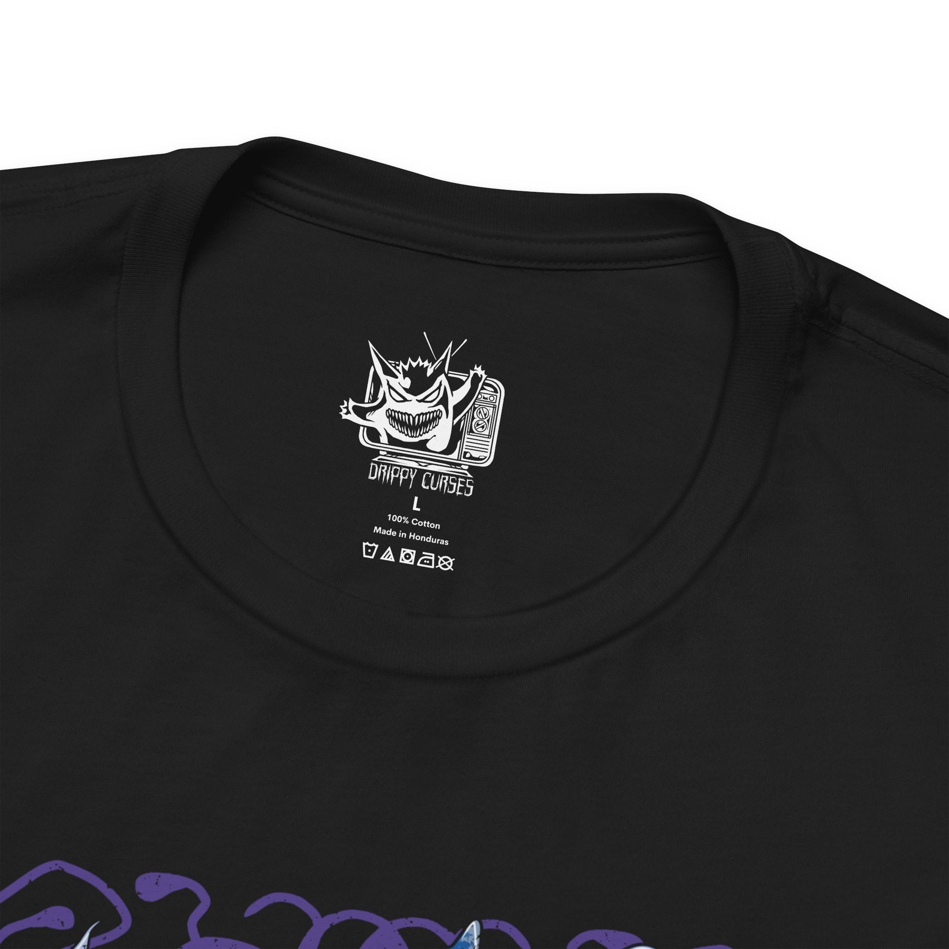 Folded T-Shirt design featuring a collection of Ghost-type Pokémon emerging from a swirling spectral mist beneath a full moon. Shadowy apparitions drift through a haunted graveyard as glowing eyes pierce the darkness from every direction. Purple ghostly energy surrounds the scene, capturing the mysterious, supernatural nature of Ghost-type Pokémon and their connection to spirits, curses, and the unknown.