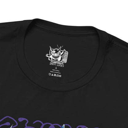 Folded T-Shirt design featuring a collection of Ghost-type Pokémon emerging from a swirling spectral mist beneath a full moon. Shadowy apparitions drift through a haunted graveyard as glowing eyes pierce the darkness from every direction. Purple ghostly energy surrounds the scene, capturing the mysterious, supernatural nature of Ghost-type Pokémon and their connection to spirits, curses, and the unknown.