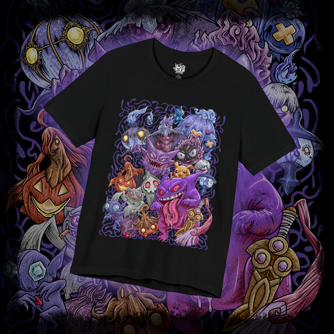 Thumbnail of a T-Shirt design featuring a collection of Ghost-type Pokémon emerging from a swirling spectral mist beneath a full moon. Shadowy apparitions drift through a haunted graveyard as glowing eyes pierce the darkness from every direction. Purple ghostly energy surrounds the scene, capturing the mysterious, supernatural nature of Ghost-type Pokémon and their connection to spirits, curses, and the unknown.