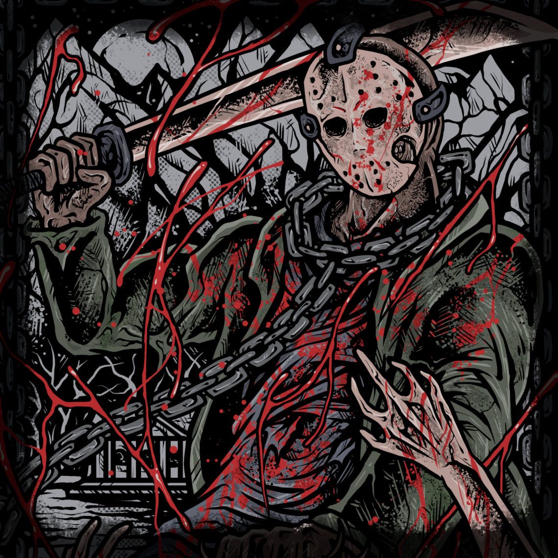 Artwork of Jason Vorhees the Butcher of Crystal Lake. Jason Vorhees haunts Camp Crystal Lake, emerging as one of horror’s most iconic slashers in the Friday the 13th. Masked and relentless, Jason stalks his victims through forests and cabins, embodying unstoppable vengeance tied to the dark legacy of the lake where his legend began.