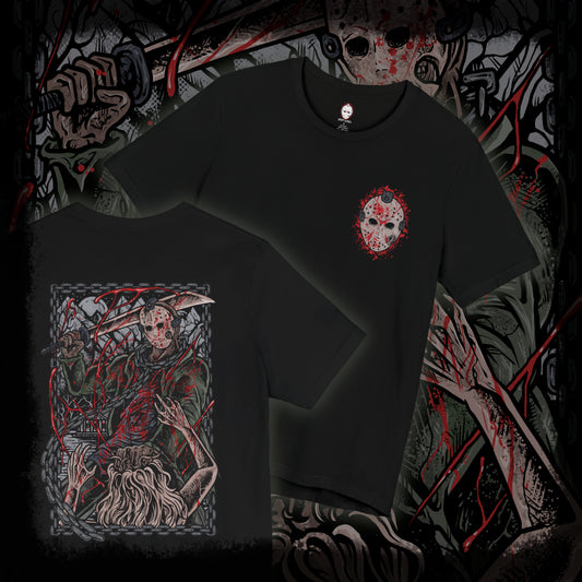 Thumbnail of a T-Shirt artwork depicting Jason emerging from the waters of Crystal Lake, soaked clothing clinging to his massive frame as ripples spread across the surface. Fog rolls over the shoreline while distant cabins sit abandoned. This design reflects his relentless return, the fear tied to the lake, and the haunting legacy of one of horror’s most iconic slashers.