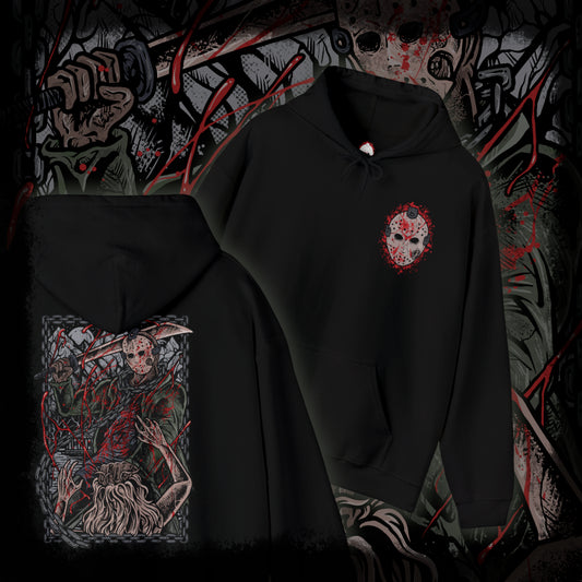 Thumbnail of a Hooded Sweatshirt of Jason Voorhees walking through the forest surrounding Crystal Lake, machete in hand as shadows stretch between the trees. His worn hockey mask and silent presence create an atmosphere of dread. The composition emphasizes isolation, inevitability, and the chilling myth of a killer who always comes back.