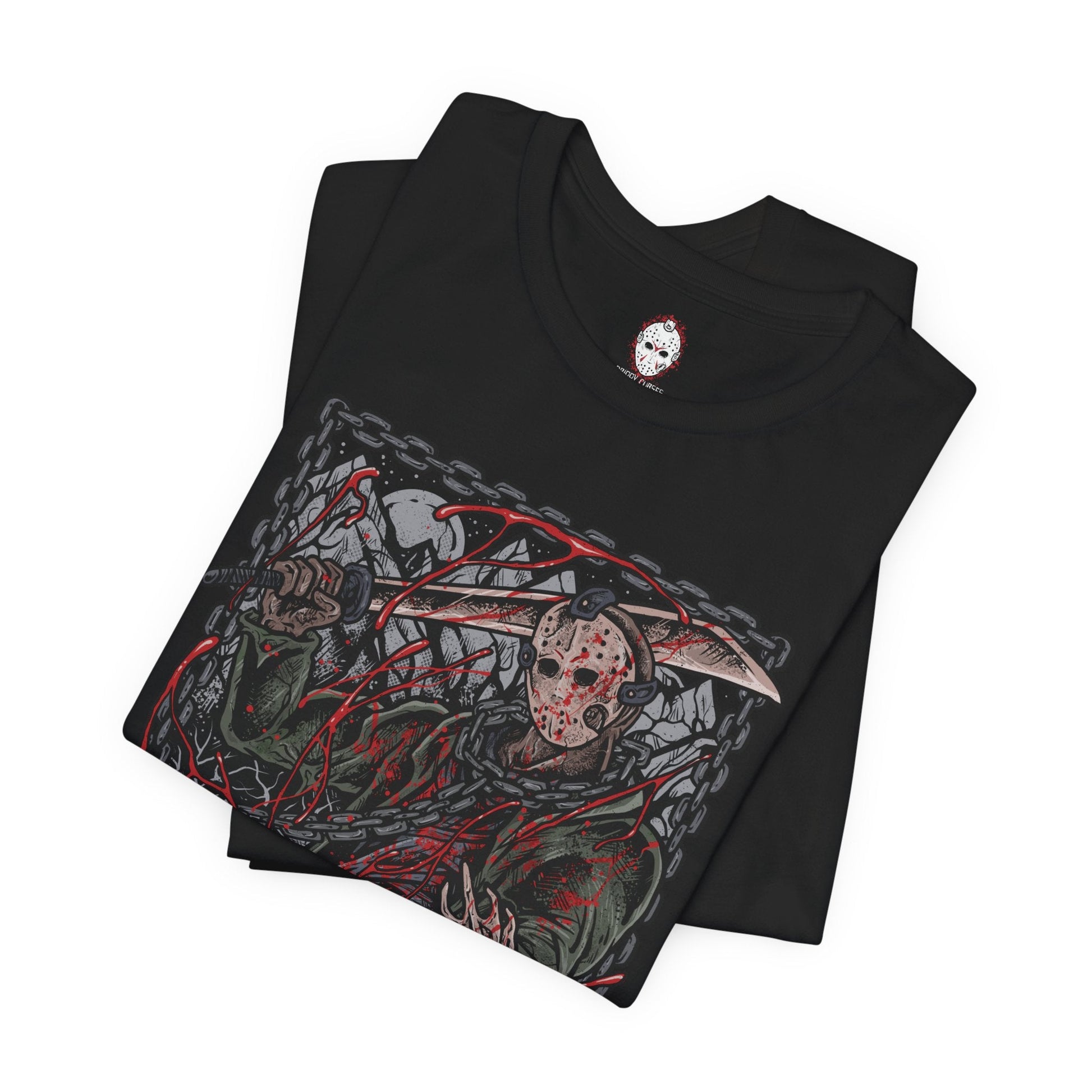 Image 5 of a T-Shirt design of Jason Voorhees from Friday the 13th, standing at the edge of Crystal Lake beneath a moonlit sky. His hockey mask reflects dim light as he grips a bloodstained machete, with trees and cabins fading into darkness behind him. The design captures the eerie silence of the camp and the unstoppable presence of a killer bound to the легенd of Crystal Lake.