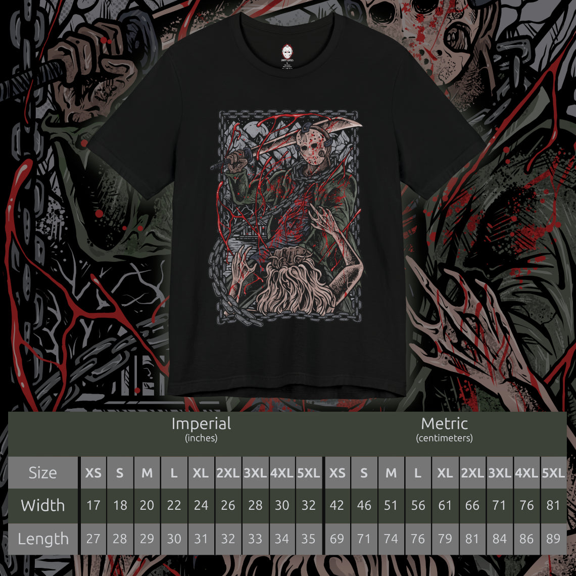 Size chart of a T-Shirt design of Jason Voorhees from Friday the 13th, standing at the edge of Crystal Lake beneath a moonlit sky. His hockey mask reflects dim light as he grips a bloodstained machete, with trees and cabins fading into darkness behind him. The design captures the eerie silence of the camp and the unstoppable presence of a killer bound to the легенd of Crystal Lake.