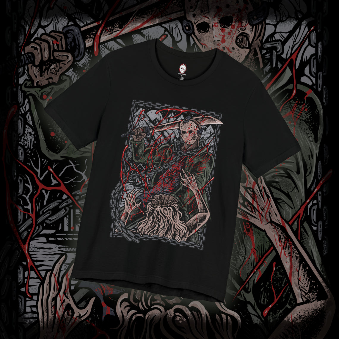 Thumbnail of a T-Shirt design of Jason Voorhees from Friday the 13th, standing at the edge of Crystal Lake beneath a moonlit sky. His hockey mask reflects dim light as he grips a bloodstained machete, with trees and cabins fading into darkness behind him. The design captures the eerie silence of the camp and the unstoppable presence of a killer bound to the легенd of Crystal Lake.