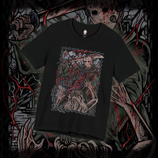 Thumbnail of a T-Shirt design of Jason Voorhees from Friday the 13th, standing at the edge of Crystal Lake beneath a moonlit sky. His hockey mask reflects dim light as he grips a bloodstained machete, with trees and cabins fading into darkness behind him. The design captures the eerie silence of the camp and the unstoppable presence of a killer bound to the легенd of Crystal Lake.
