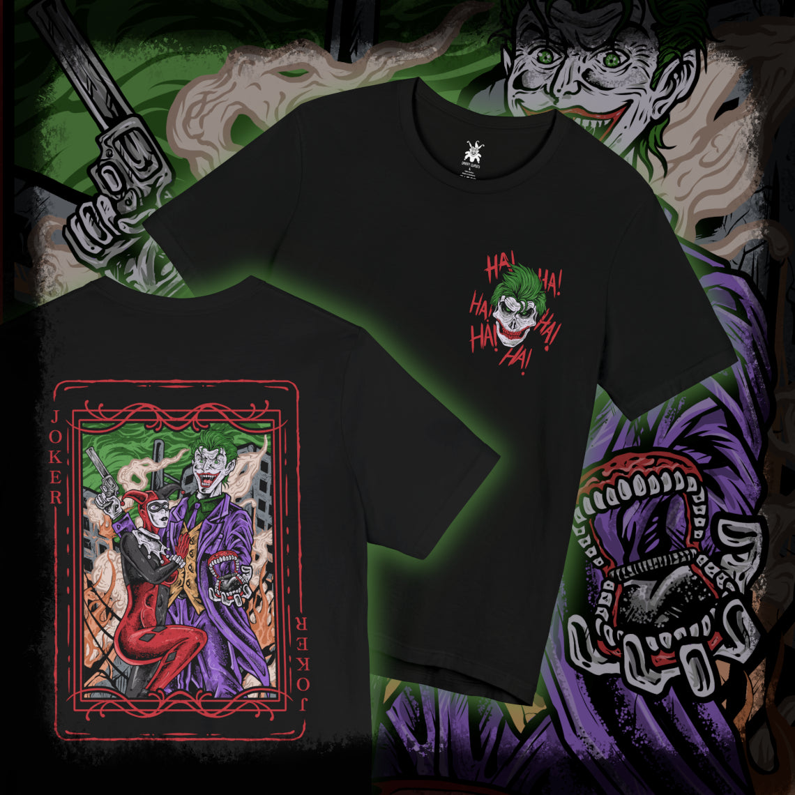 Thumbnail of a T-Shirt artwork depicting the Joker and Harley Quinn embracing chaos in the streets of Gotham City, with explosions, scattered poker chips, and purple-green smoke filling the background. The Joker flourishes a deck of cards while Harley balances her signature bat across her shoulders. This design reflects madness, rebellion, and the twisted bond that blurs the line between obsession, loyalty, and destruction.