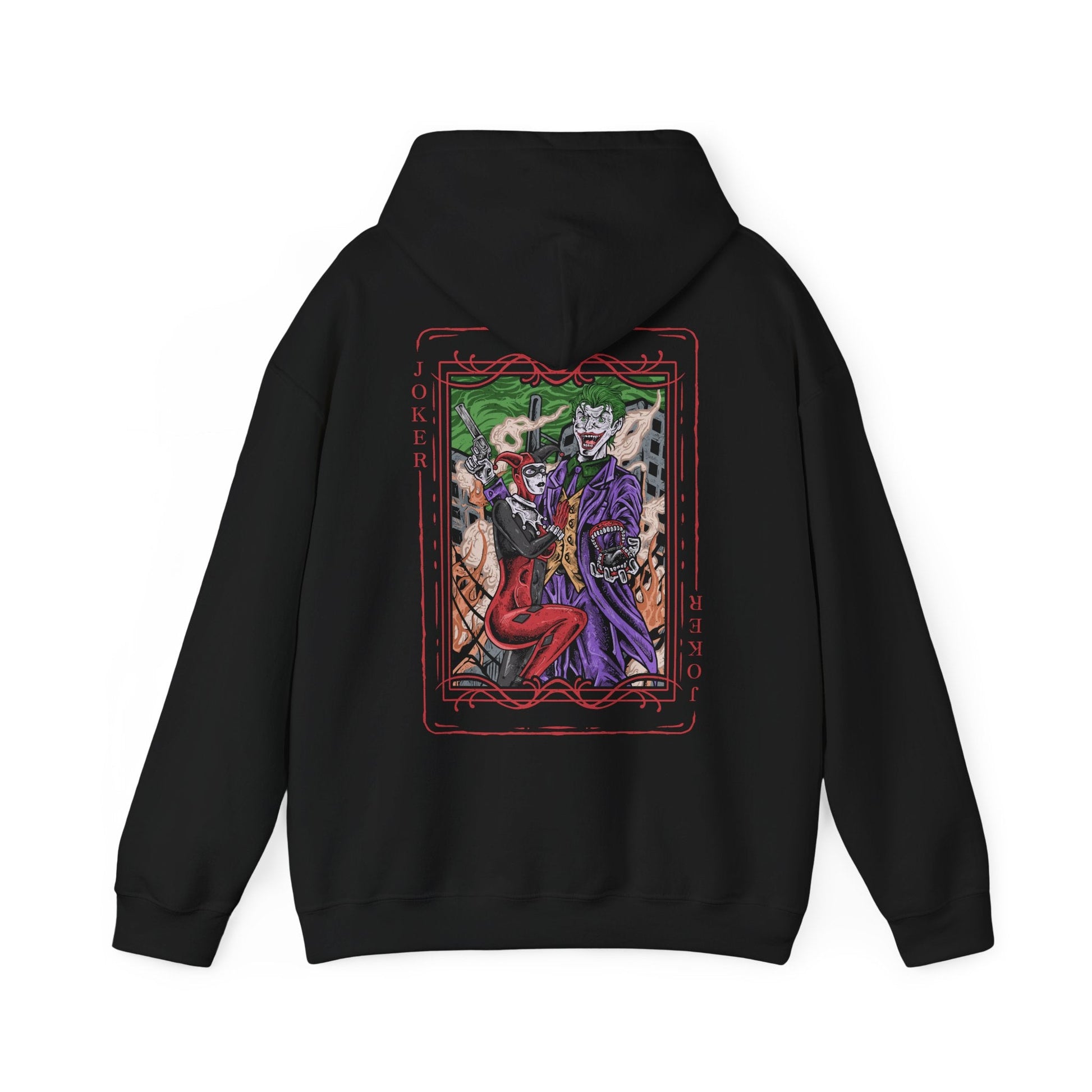 Image 5 of a Hooded Sweatshirt of the Joker and Harley Quinn seated atop a pile of stolen cash and broken carnival props beneath neon lights. Harley’s colorful outfit contrasts with the Joker’s eerie purple suit as confetti and smoke swirl through the air. The composition emphasizes comic-book chaos, psychological manipulation, and the unforgettable partnership between Gotham’s Clown Prince of Crime and his equally unpredictable accomplice.