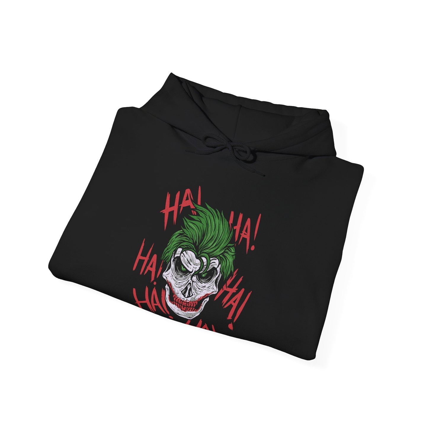Image 6 of a Hooded Sweatshirt of the Joker and Harley Quinn seated atop a pile of stolen cash and broken carnival props beneath neon lights. Harley’s colorful outfit contrasts with the Joker’s eerie purple suit as confetti and smoke swirl through the air. The composition emphasizes comic-book chaos, psychological manipulation, and the unforgettable partnership between Gotham’s Clown Prince of Crime and his equally unpredictable accomplice.