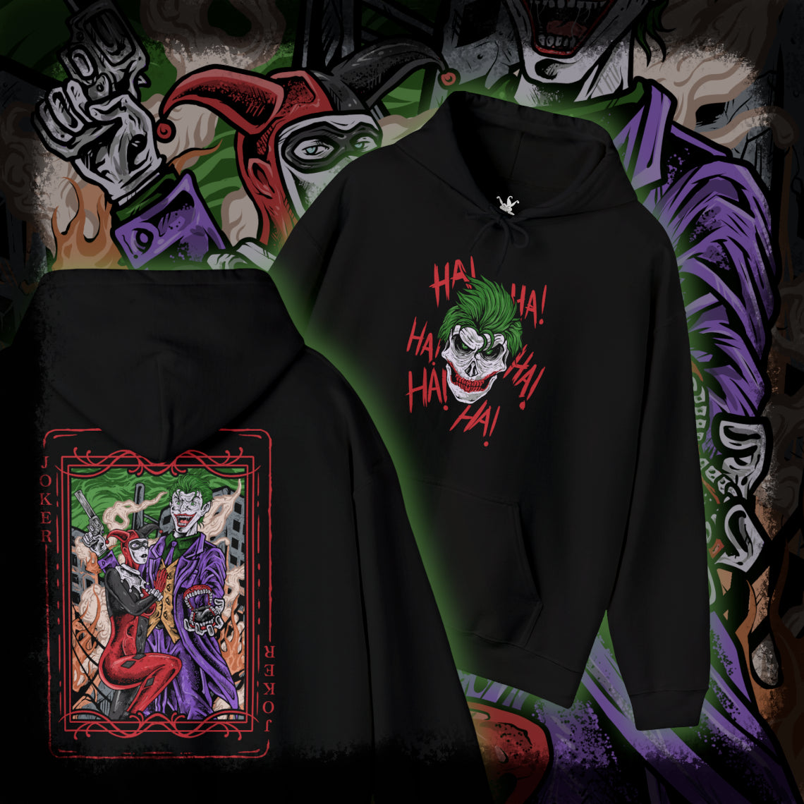 Thumbnail of a Hooded Sweatshirt of the Joker and Harley Quinn seated atop a pile of stolen cash and broken carnival props beneath neon lights. Harley’s colorful outfit contrasts with the Joker’s eerie purple suit as confetti and smoke swirl through the air. The composition emphasizes comic-book chaos, psychological manipulation, and the unforgettable partnership between Gotham’s Clown Prince of Crime and his equally unpredictable accomplice.