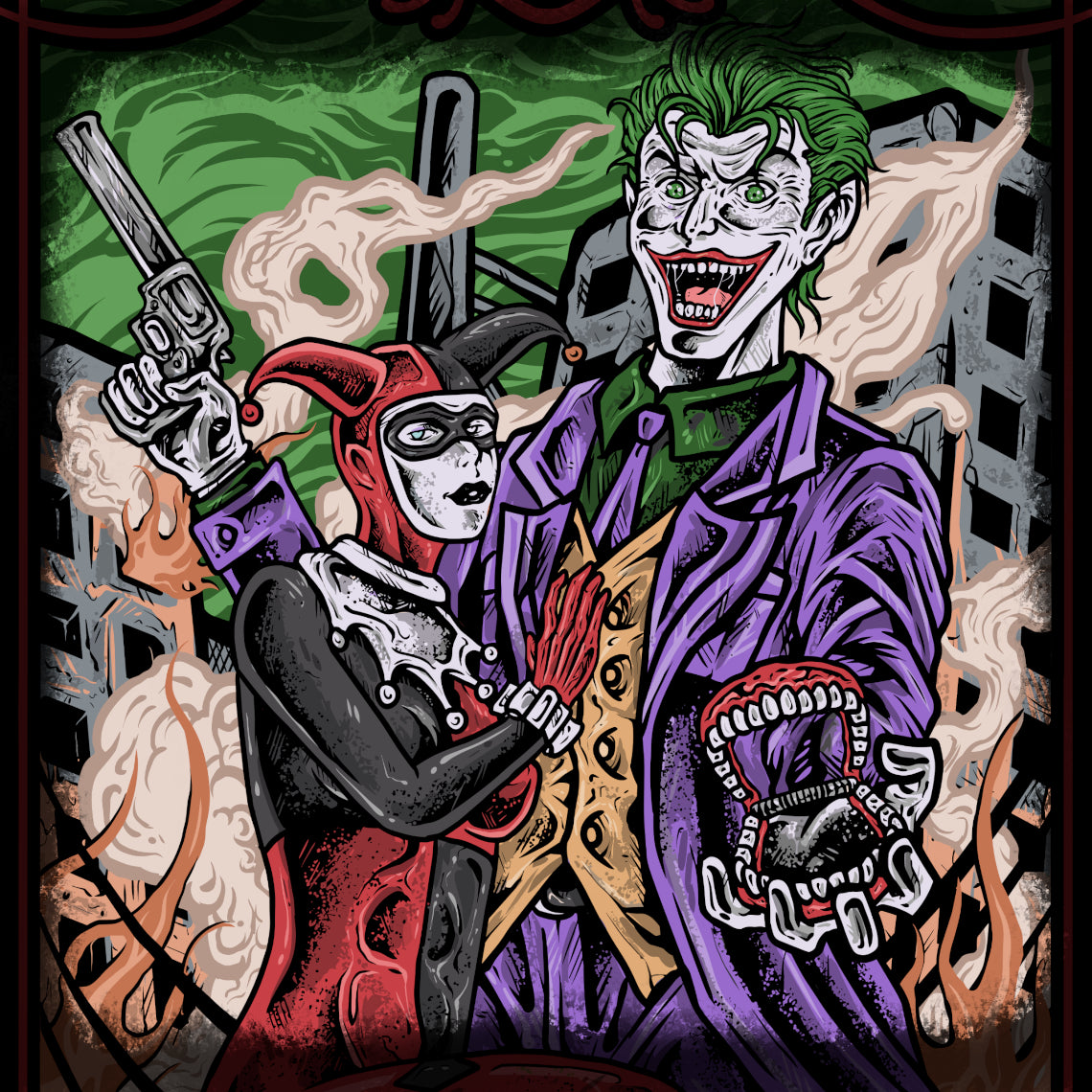 Wallpaper of Joker and Harley Quinn. Emerging from the streets of Gotham City, Joker and Harley Quinn redefine villainy through their anarchic schemes and unforgettable personalities. While Joker embraces pure chaos, Harley evolves from devoted accomplice to a formidable antihero in her own right, making their relationship one of the most compelling in comic book history.