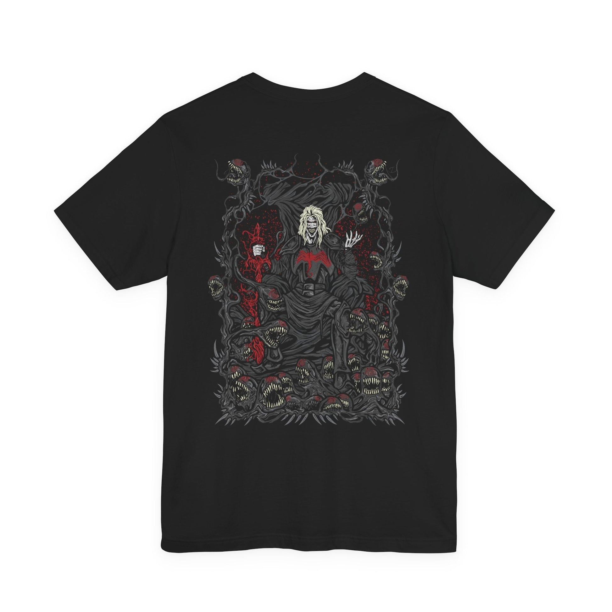 Image 5 of a T-Shirt artwork depicting Knull summoning an army of symbiote dragons beneath a collapsing sky, black tendrils engulfing planets and stars around him. The All-Black Necrosword crackles with dark energy while living shadows twist across his armor. This design reflects his role as creator of the symbiotes and the overwhelming force of an ancient god seeking to consume all light.