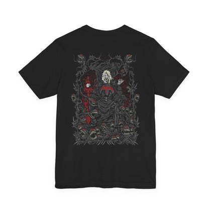 Image 5 of a T-Shirt artwork depicting Knull summoning an army of symbiote dragons beneath a collapsing sky, black tendrils engulfing planets and stars around him. The All-Black Necrosword crackles with dark energy while living shadows twist across his armor. This design reflects his role as creator of the symbiotes and the overwhelming force of an ancient god seeking to consume all light.