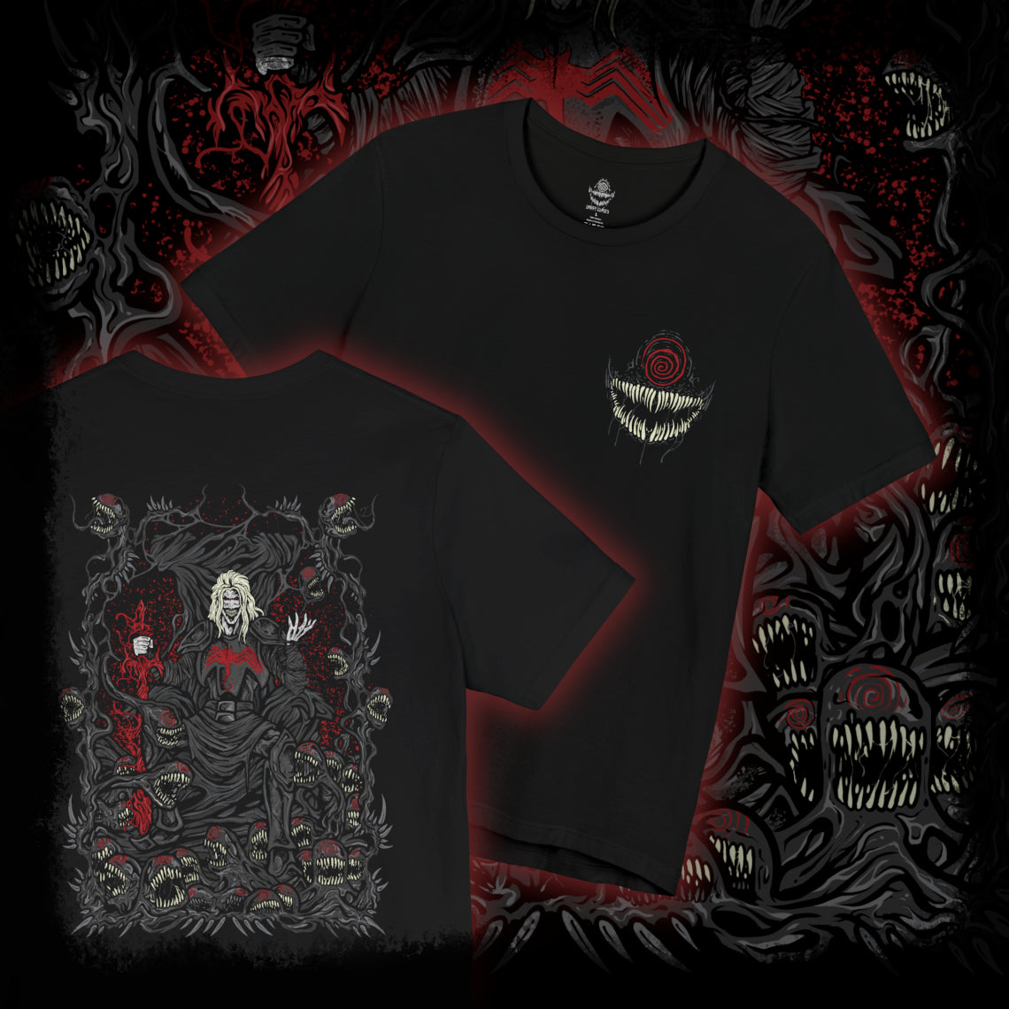 Thumbnail of a T-Shirt artwork depicting Knull summoning an army of symbiote dragons beneath a collapsing sky, black tendrils engulfing planets and stars around him. The All-Black Necrosword crackles with dark energy while living shadows twist across his armor. This design reflects his role as creator of the symbiotes and the overwhelming force of an ancient god seeking to consume all light.