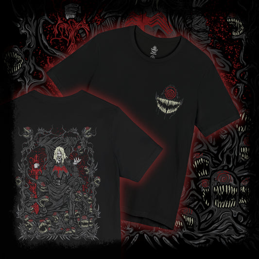 Thumbnail of a T-Shirt artwork depicting Knull summoning an army of symbiote dragons beneath a collapsing sky, black tendrils engulfing planets and stars around him. The All-Black Necrosword crackles with dark energy while living shadows twist across his armor. This design reflects his role as creator of the symbiotes and the overwhelming force of an ancient god seeking to consume all light.