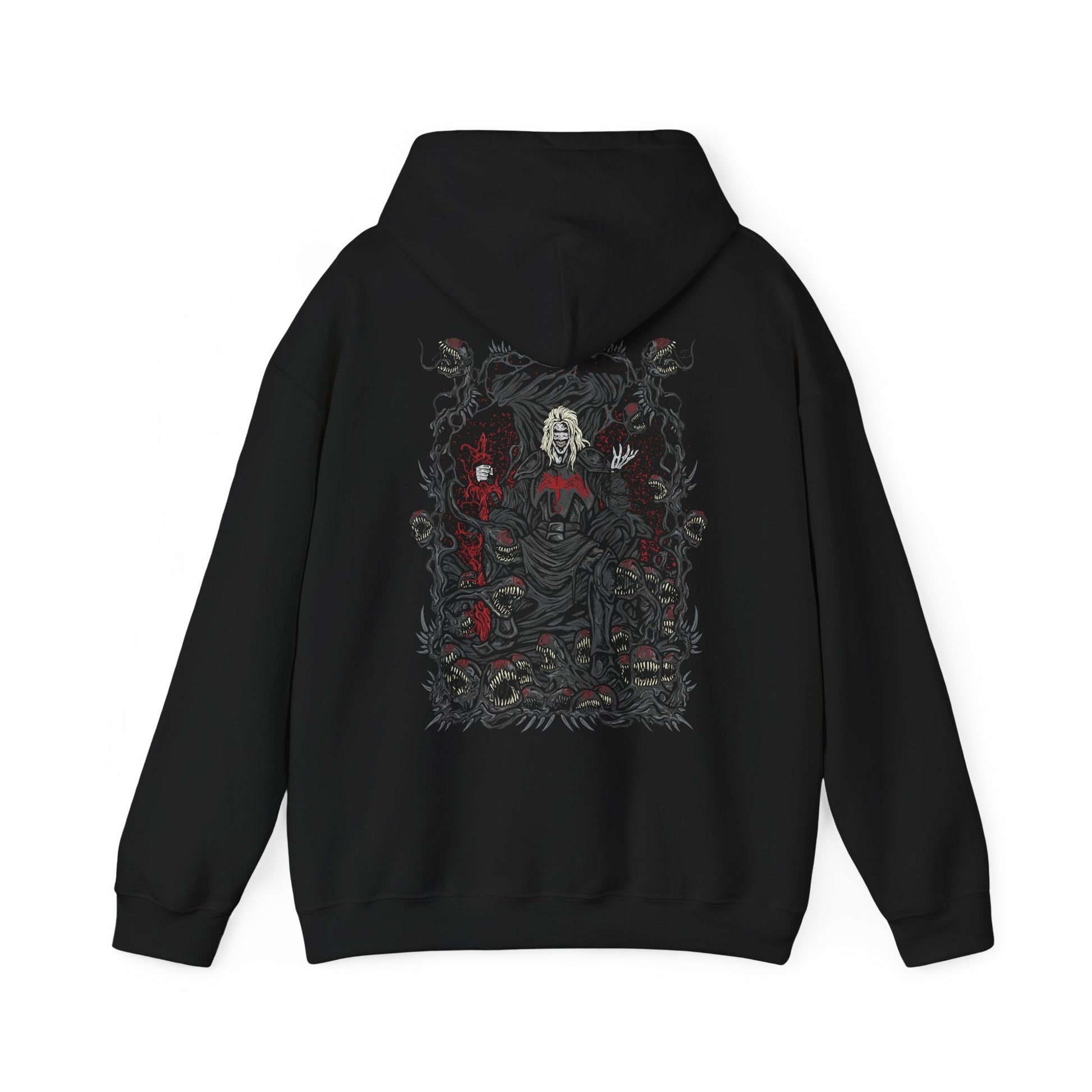 Image 5 of a Hooded Sweatshirt of Knull emerging from cosmic darkness, surrounded by swirling symbiote matter and eldritch void energy. His long white hair contrasts against the abyss while the living darkness beneath him spreads like an endless ocean. The composition emphasizes godlike power, eternal night, and the terrifying presence of the ruler behind Marvel’s symbiote hive mind.