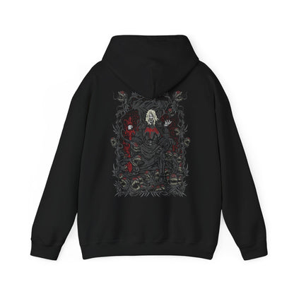 Image 5 of a Hooded Sweatshirt of Knull emerging from cosmic darkness, surrounded by swirling symbiote matter and eldritch void energy. His long white hair contrasts against the abyss while the living darkness beneath him spreads like an endless ocean. The composition emphasizes godlike power, eternal night, and the terrifying presence of the ruler behind Marvel’s symbiote hive mind.