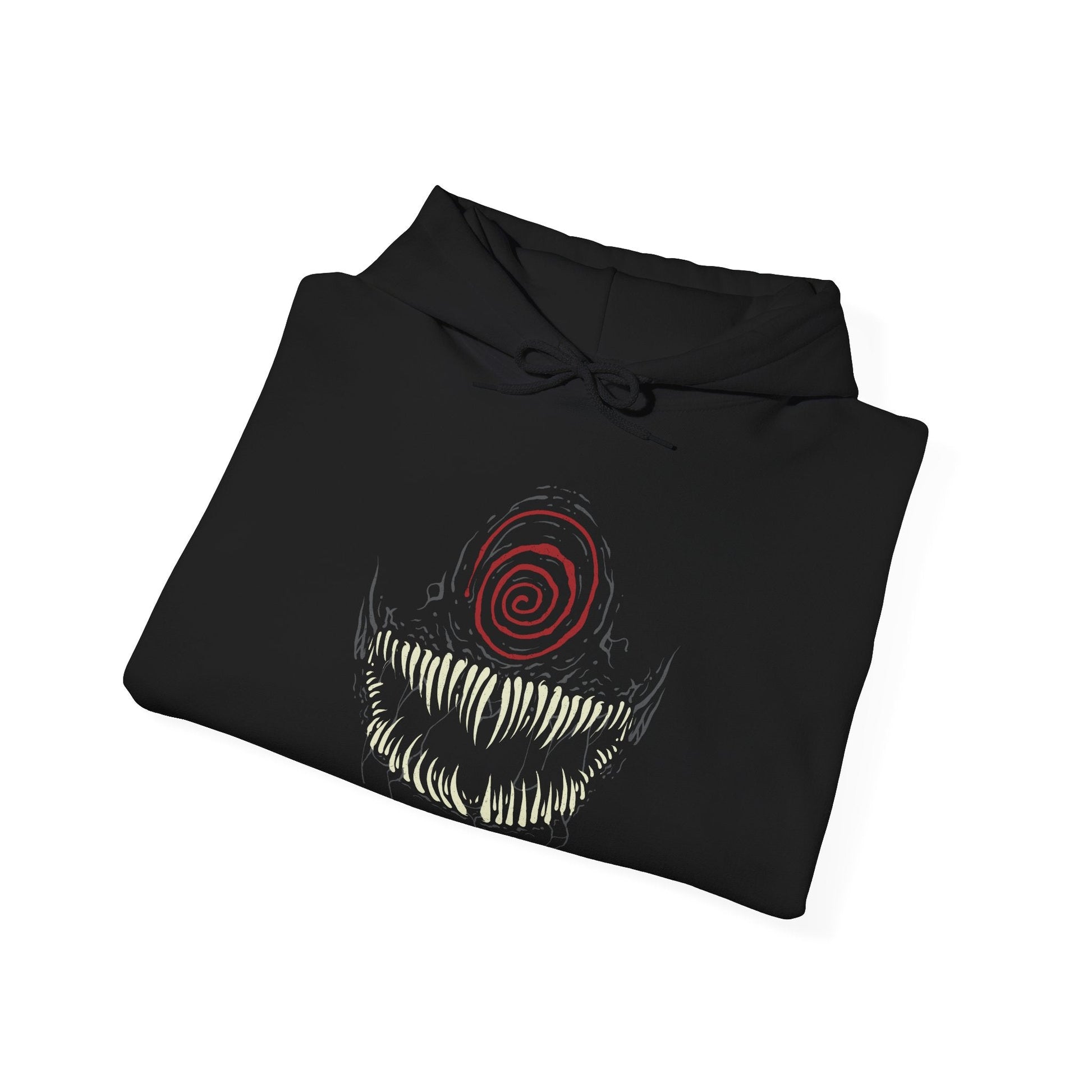 Image 6 of a Hooded Sweatshirt of Knull emerging from cosmic darkness, surrounded by swirling symbiote matter and eldritch void energy. His long white hair contrasts against the abyss while the living darkness beneath him spreads like an endless ocean. The composition emphasizes godlike power, eternal night, and the terrifying presence of the ruler behind Marvel’s symbiote hive mind.
