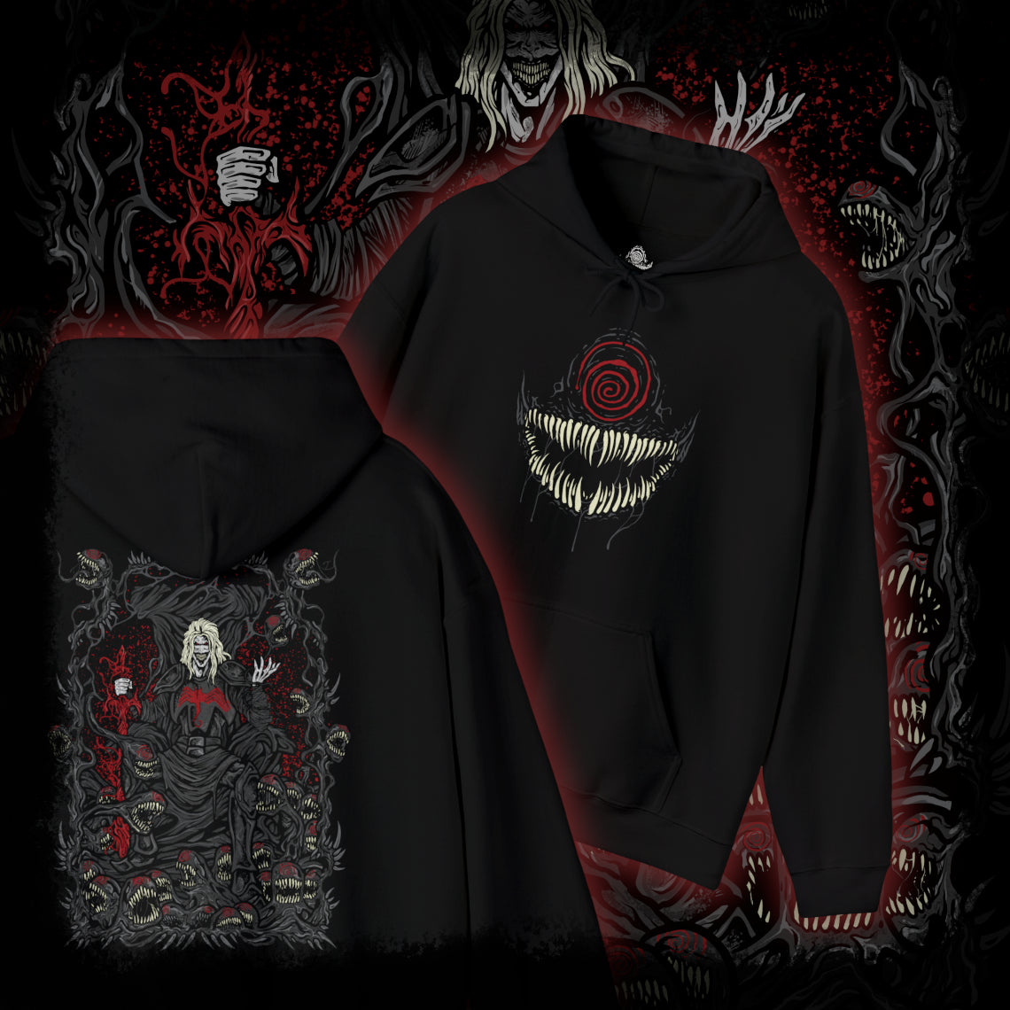 Thumbnail of a Hooded Sweatshirt of Knull emerging from cosmic darkness, surrounded by swirling symbiote matter and eldritch void energy. His long white hair contrasts against the abyss while the living darkness beneath him spreads like an endless ocean. The composition emphasizes godlike power, eternal night, and the terrifying presence of the ruler behind Marvel’s symbiote hive mind.