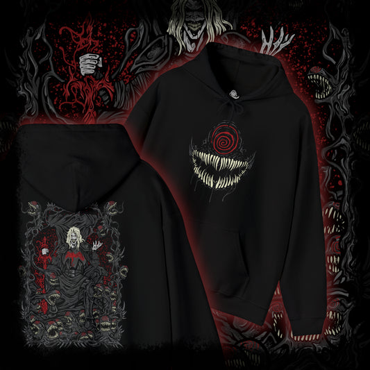 Thumbnail of a Hooded Sweatshirt of Knull emerging from cosmic darkness, surrounded by swirling symbiote matter and eldritch void energy. His long white hair contrasts against the abyss while the living darkness beneath him spreads like an endless ocean. The composition emphasizes godlike power, eternal night, and the terrifying presence of the ruler behind Marvel’s symbiote hive mind.