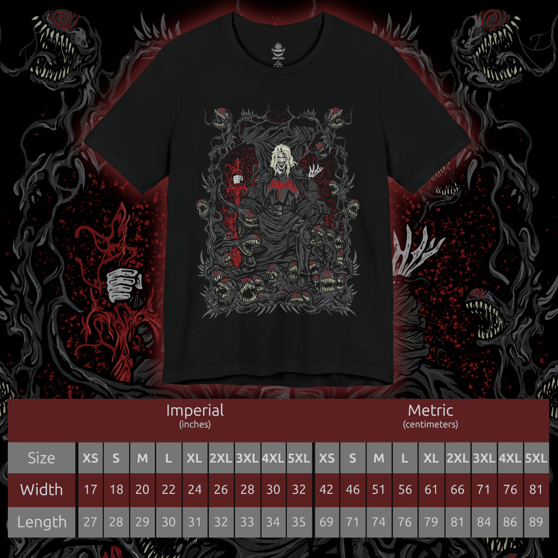 Size chart of a T-Shirt design of Knull from Marvel, the ancient King in Black standing upon a throne of living symbiote darkness as abyssal tendrils spread across the cosmos. His pale armor and flowing black necrosword radiate godlike menace while red eyes glow within the void. The design captures Knull’s dominion over the symbiotes, embodying primordial darkness, destruction, and cosmic terror.