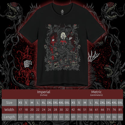Size chart of a T-Shirt design of Knull from Marvel, the ancient King in Black standing upon a throne of living symbiote darkness as abyssal tendrils spread across the cosmos. His pale armor and flowing black necrosword radiate godlike menace while red eyes glow within the void. The design captures Knull’s dominion over the symbiotes, embodying primordial darkness, destruction, and cosmic terror.